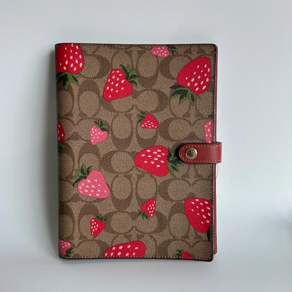 Coach Notebook Cover Signature Canvas Strawberry Print Brown Leather CH490